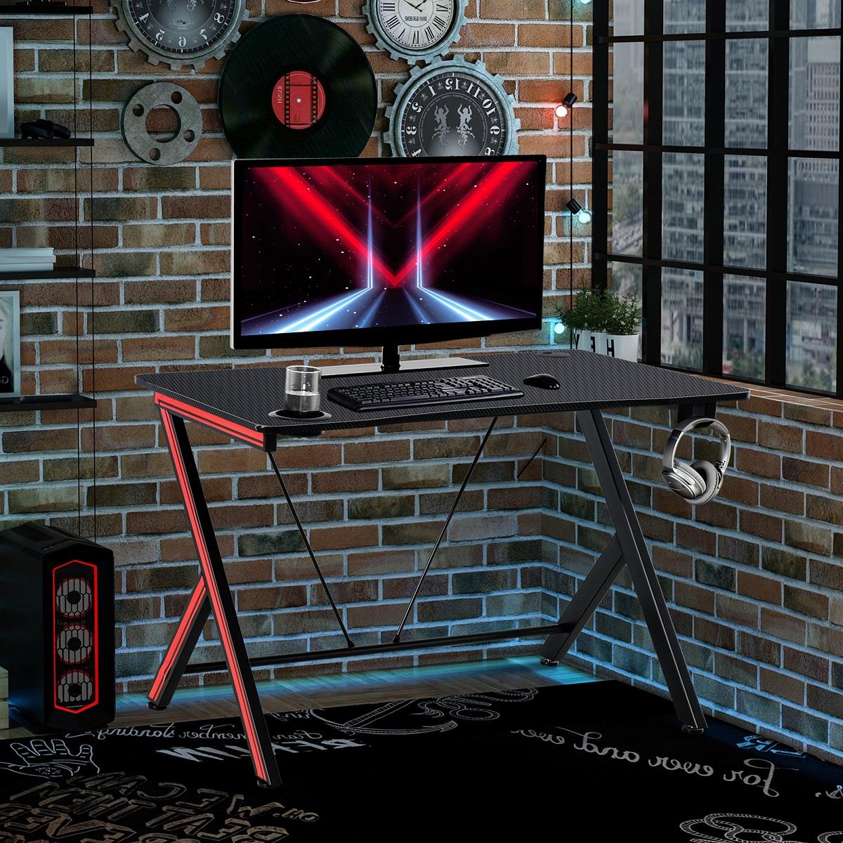 Scrivania Gaming ALEXIS LED, Design Sportivo, 120x76x66cm, in Metallo Rosso  e Legno Nero 