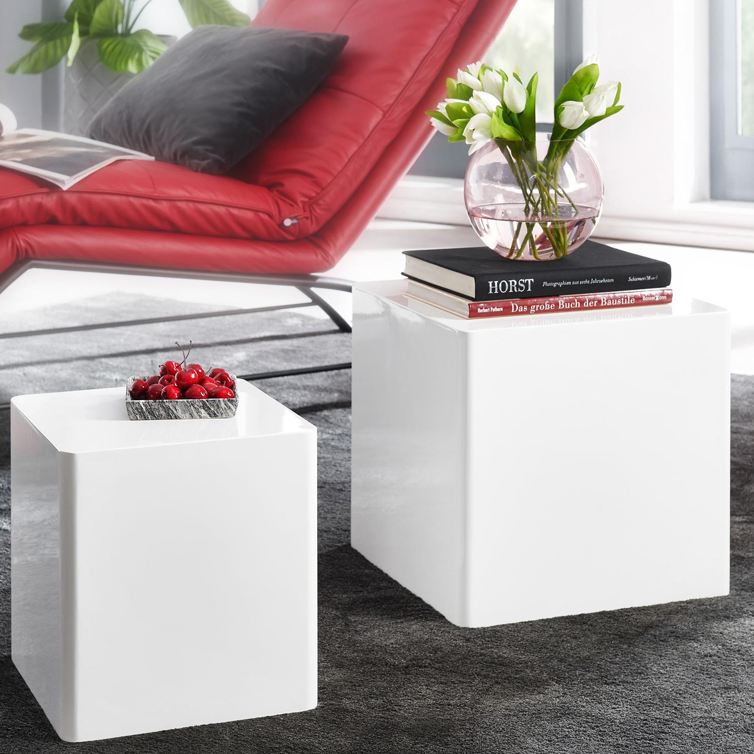 Set di 2 Tavolini TOLEDO, Ad Incastro, In legno colore Bianco Lucido