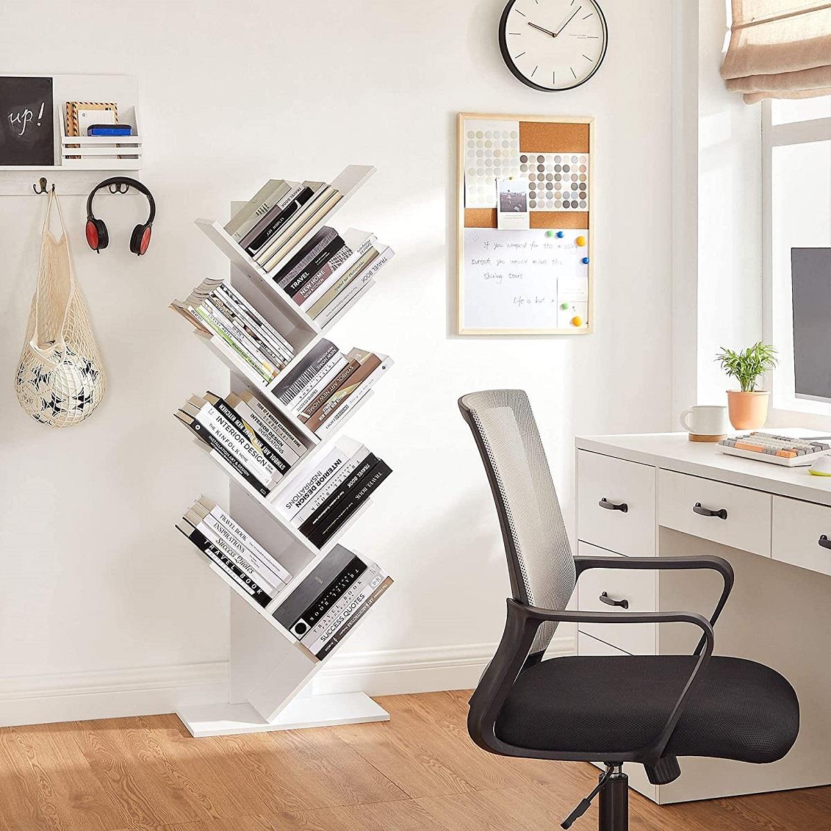 Libreria MALIKA, Forma ad Albero, 50x25x141,5cm, in Legno Colore Bianco 