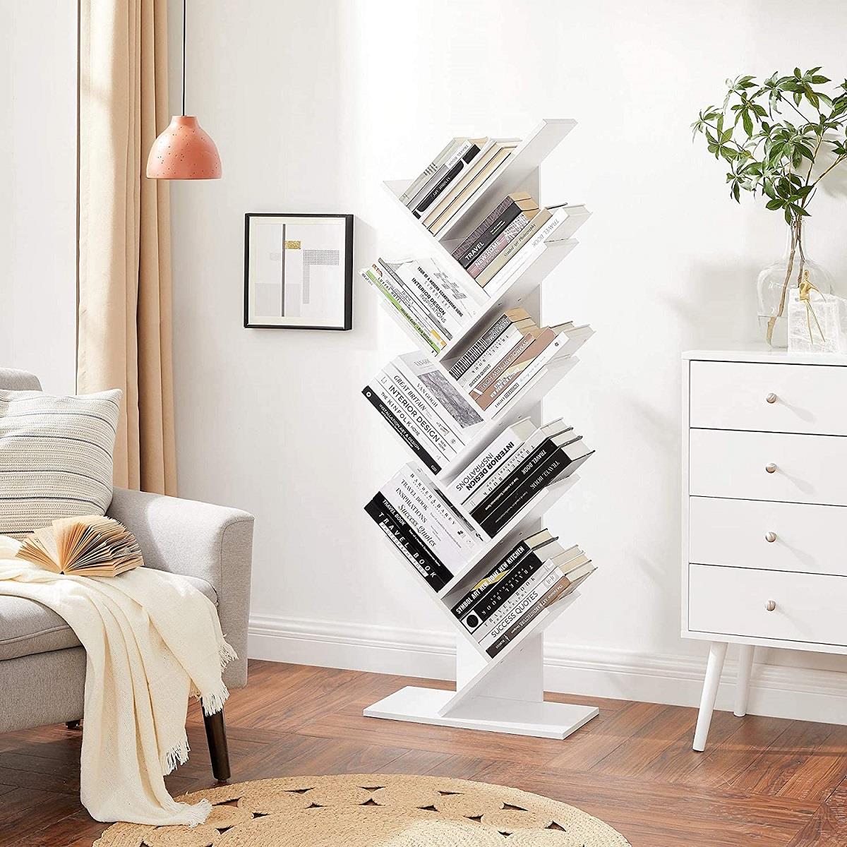 Libreria MALIKA, Forma ad Albero, 50x25x141,5cm, in Legno Colore Bianco