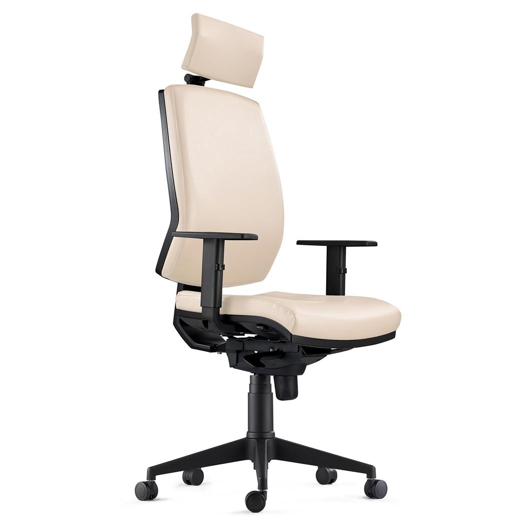 DEMO# Sedia Ergonomica OLIVER, con Poggiatesta Integrato, in Pelle color Crema