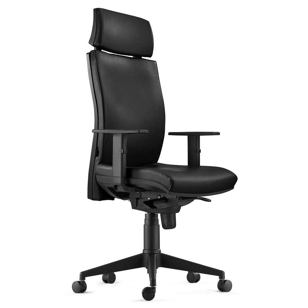 DEMO# Sedia Ergonomica MARVEL, in Pelle color Nero con Poggiatesta e Sostegno lombare