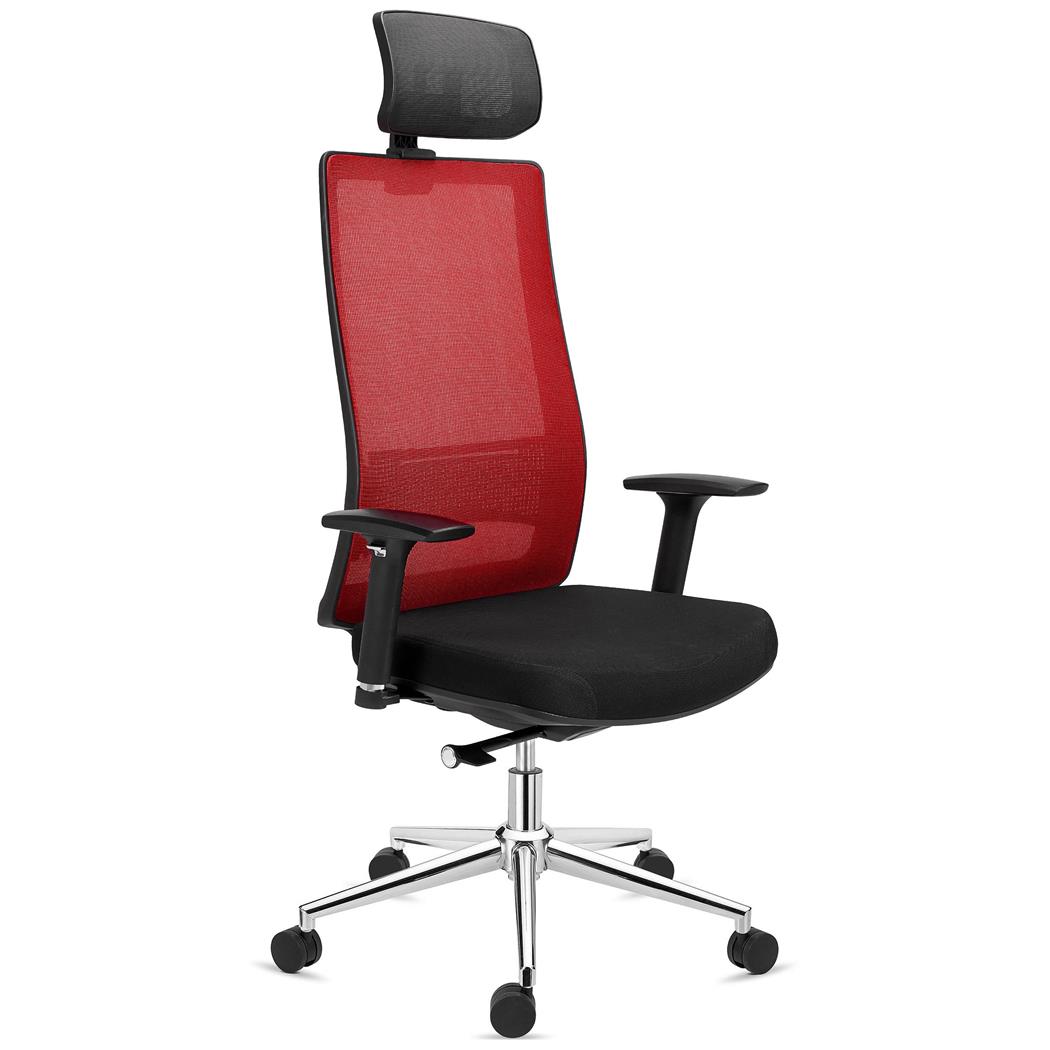 DEMO# Sedia Ergonomica SANTOS, Poggiatesta, Supporto Lombare, Rete e Tessuto, Rosso