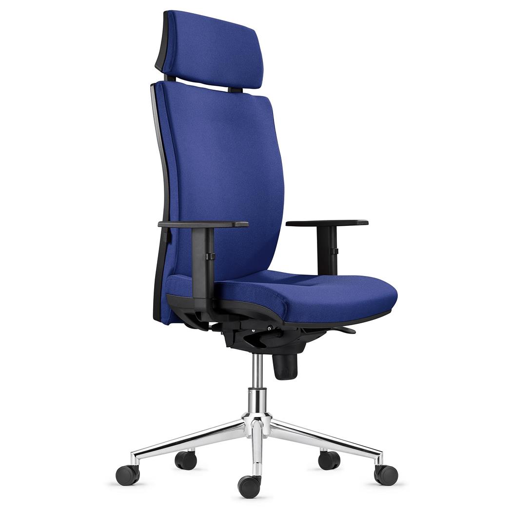 DEMO#Sedia Ergonomica MARVEL, in Tessuto color Blu Scuro, con Base Metallica, con Poggiatesta e Sostegno lombare