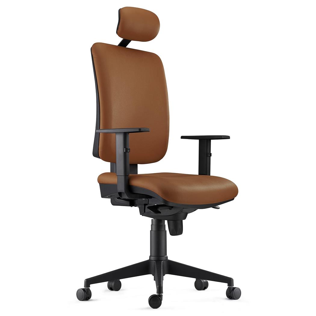 DEMO# Sedia Ergonomica PIERO, in Vera Pelle color Marrone, con Poggiatesta e Braccioli Regolabili