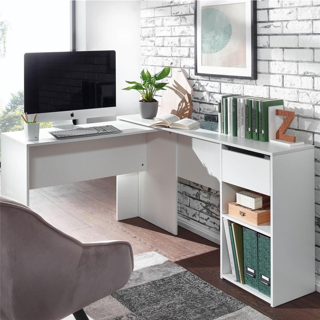 Scrivania da ufficio EMPIRE, 145x106,5x76,5 cm, Vari Ripiani, in Legno color Bianco