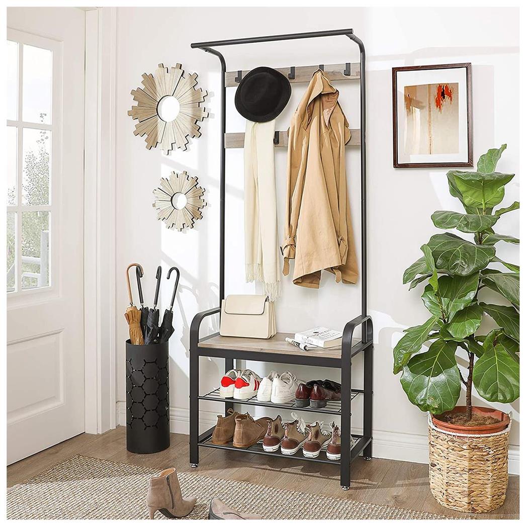 Appendiabiti DOMINGO, con Panca, 183x72x33,7 cm, Acciaio e Legno, Grigio e Nero