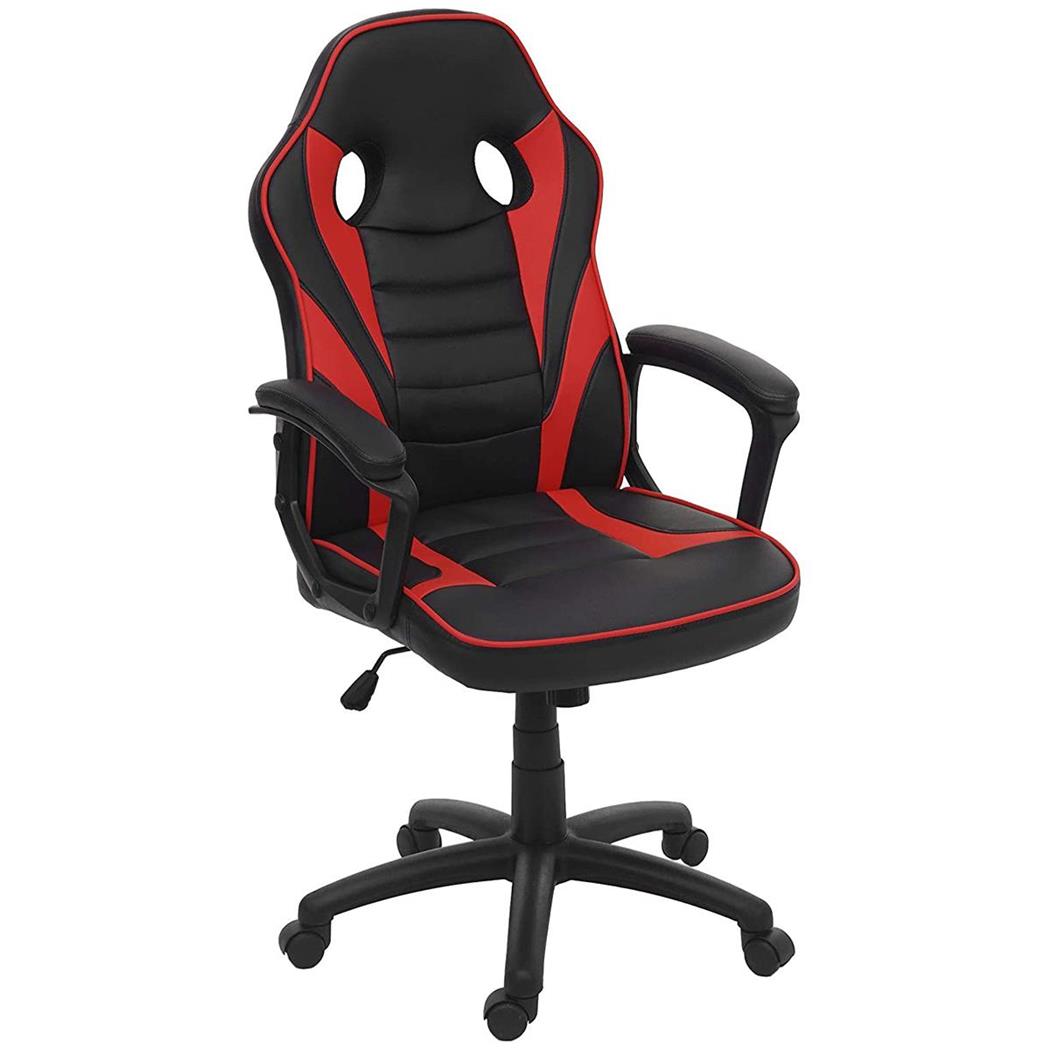 Poltrona Gaming DRIFT, Schienale Basculante, Design Sportivo, Pelle Nero/Rosso
