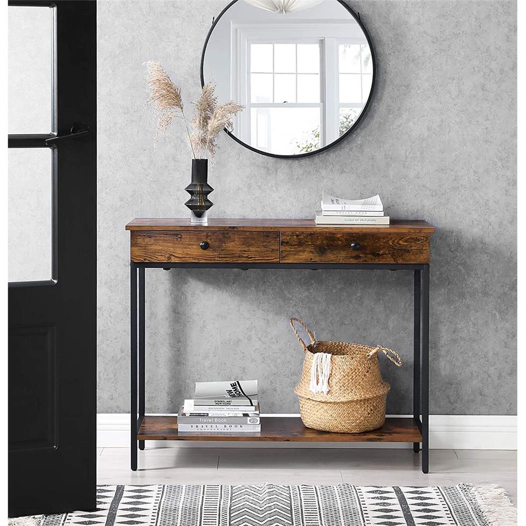 Tavolino ELKE, Stile Industriale, Due Cassetti, 100x35x80cm, In Metallo e Legno