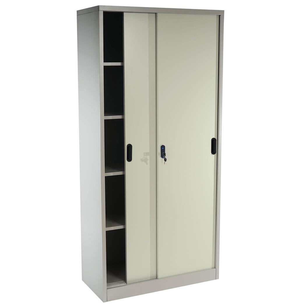 Armadio Metallico CARLEY, 180x85x40cm, Ante Scorrevoli, Acciaio, color Crema