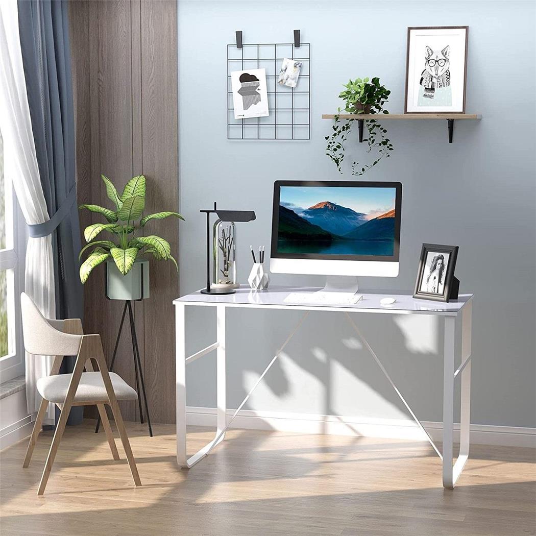 Tavolo per PC KIMBO, 120x60x74,5cm, Elegante, in Metallo e Vetro Bianco