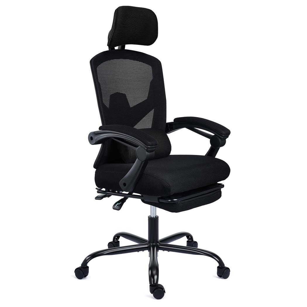 DEMO# Sedia Ergonomica DELTA, Confortevole, Poggiapiedi Estensibile, Cuscino Lombare, Nero