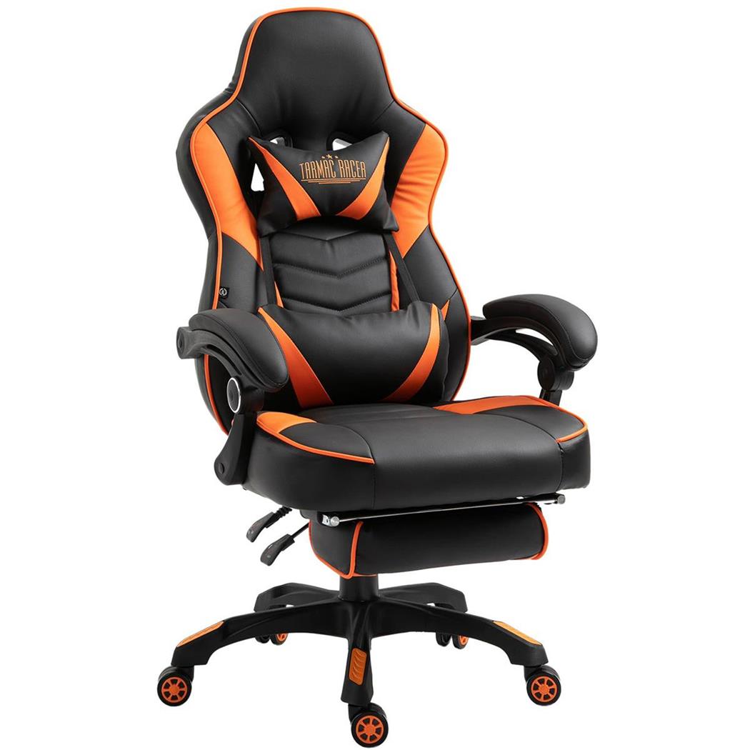 Poltrona Gaming SENNA, Confortevole, Poggiapiedi e Supporto Lombare, Pelle Nera e Arancione