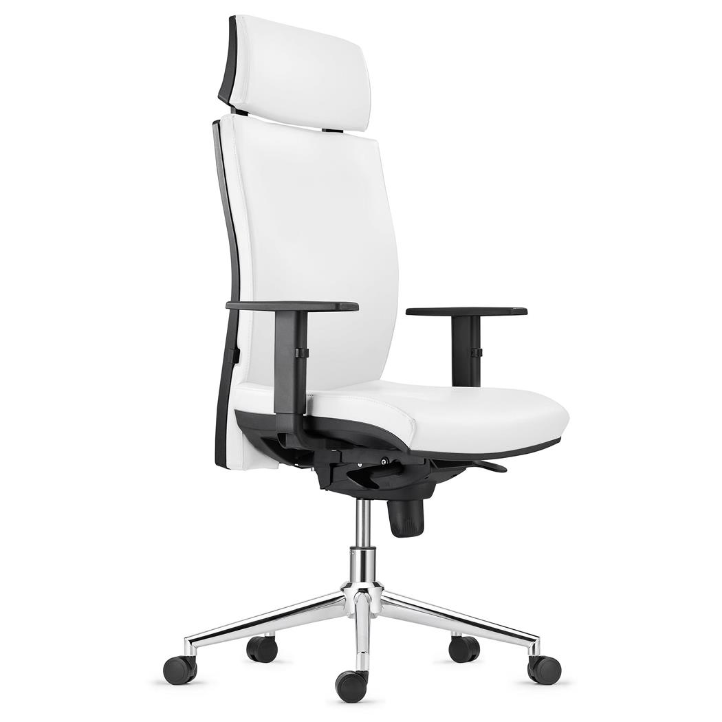 DEMO# Sedia Ergonomica MARVEL in Vera Pelle color Bianco, con Base Metallica, con Poggiatesta e Supporto Lombare