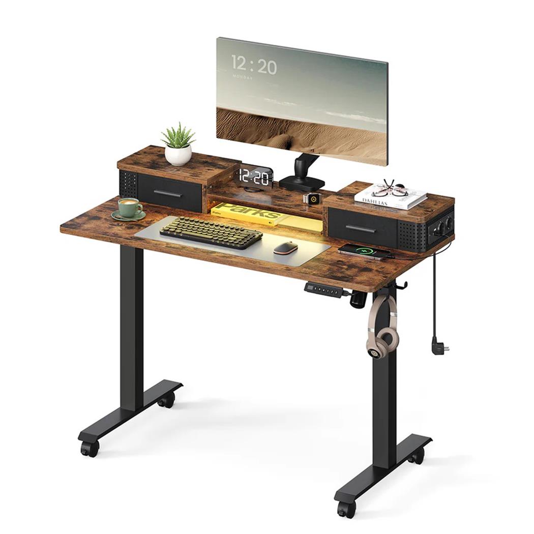 Scrivania per PC NEPAL, 120x60cm, Regolabile in Altezza, Supporto per Monitor, Noce