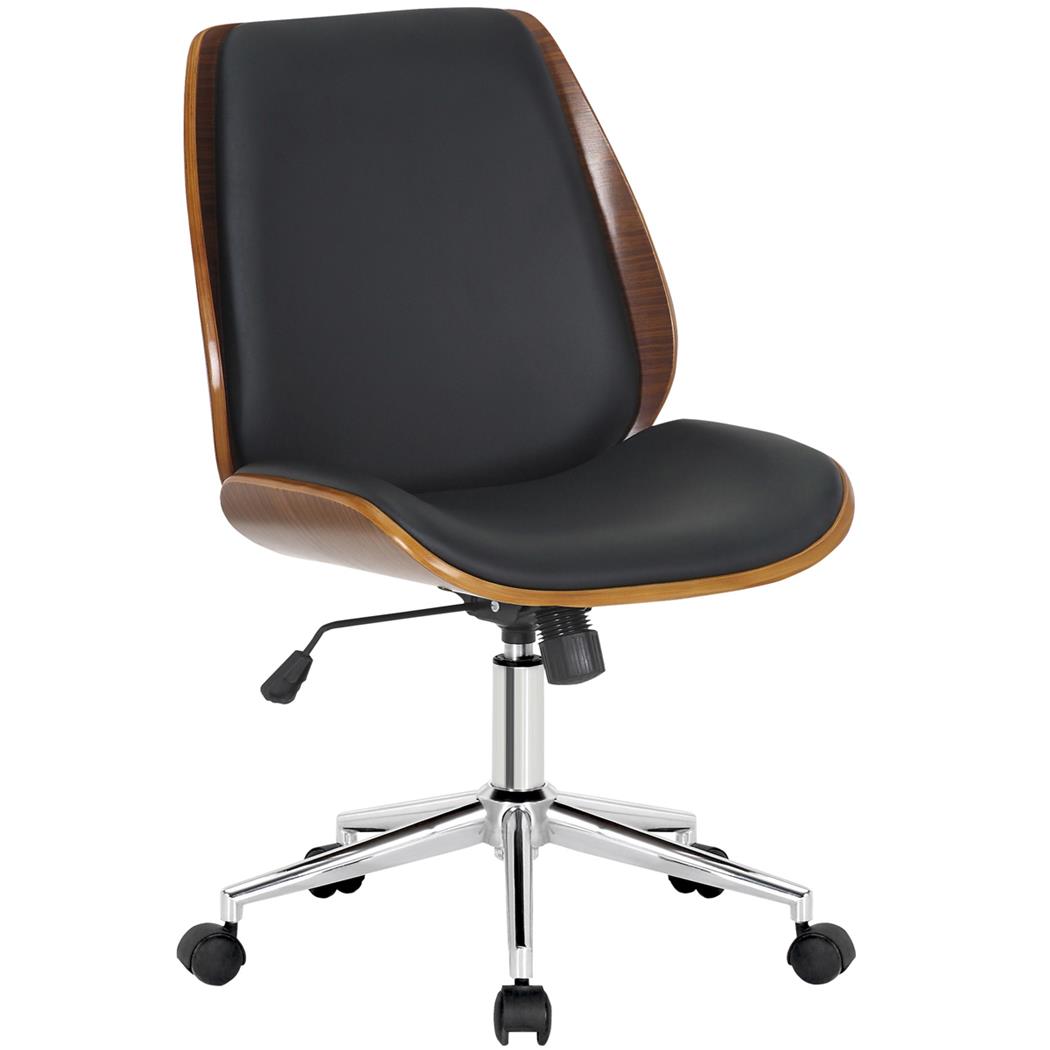 Sedia da ufficio LEAN, Design in Legno Noce, Base Cromata, Pelle Nera