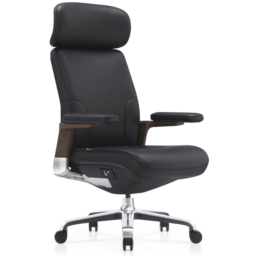 Poltrona da Ufficio SOPRANO, Imbottita, Elegante, Dettagli in Legno, Vera Pelle, Nero