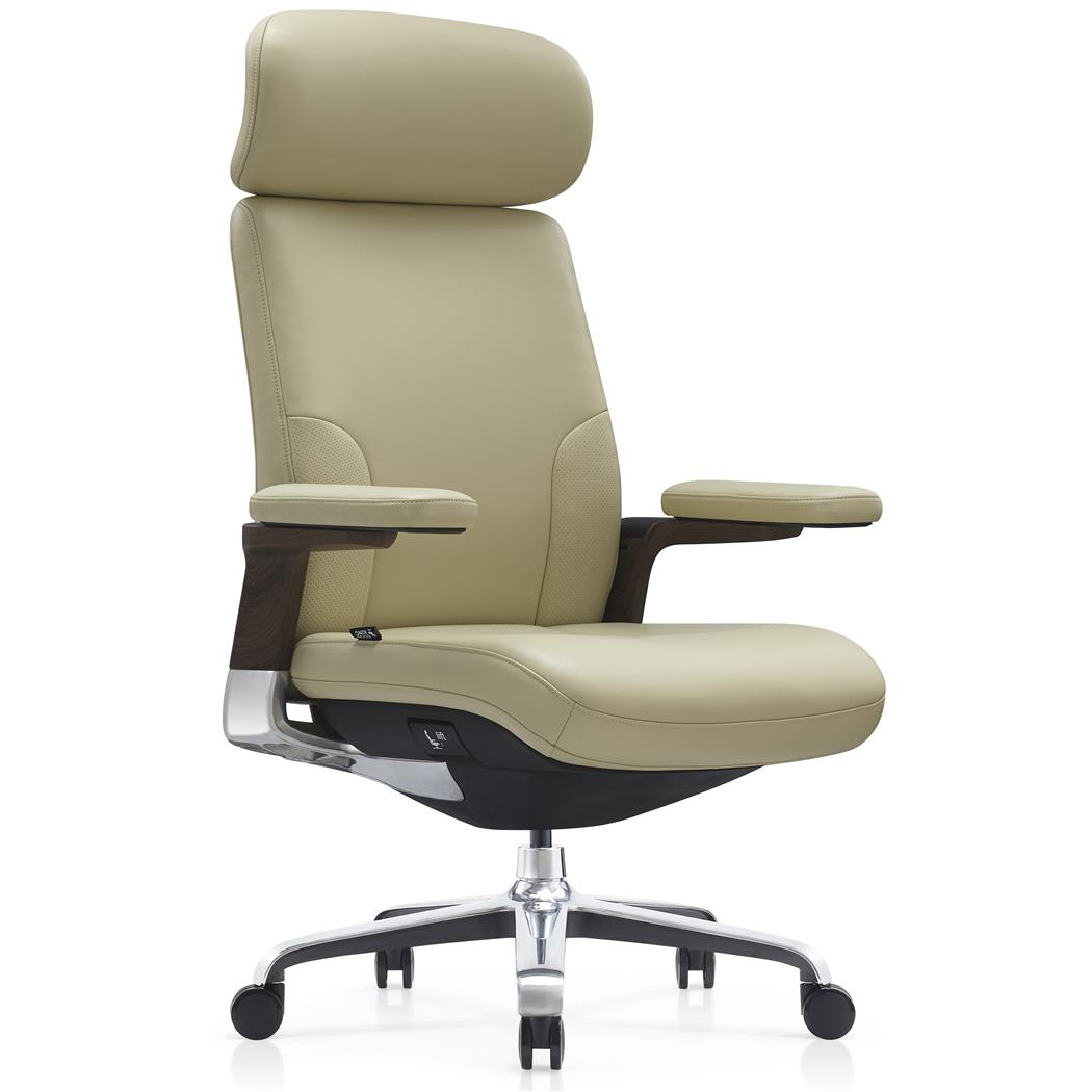 Poltrona da Ufficio SOPRANO, Imbottita, Elegante, Dettagli in Legno, Vera Pelle, Crema