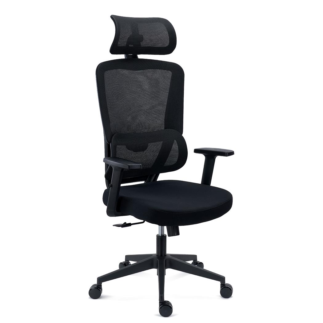 Sedia Ergonomica SUPRA, Confortevole, Supporto Lombare, Poggiatesta, Rete Traspirante e Tessuto, Nero