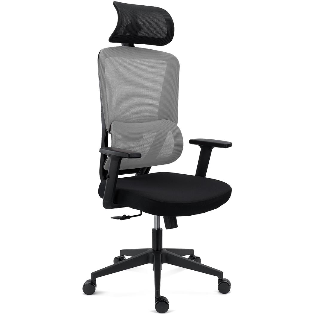 Sedia Ergonomica SUPRA, Confortevole, Supporto Lombare, Poggiatesta, Rete Traspirante e Tessuto, Grigio