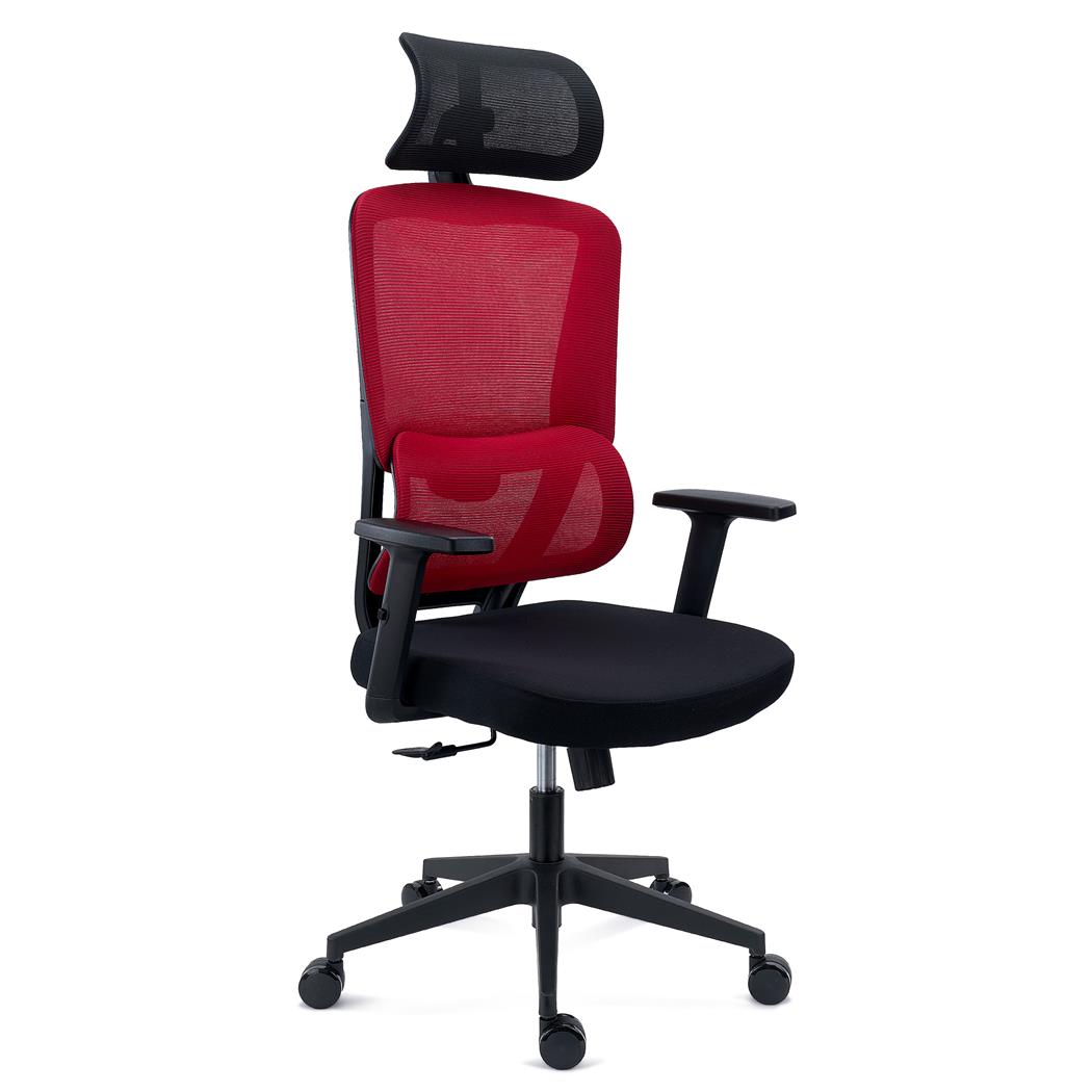 Sedia Ergonomica SUPRA, Confortevole, Supporto Lombare, Poggiatesta, Rete Traspirante e Tessuto, Rosso