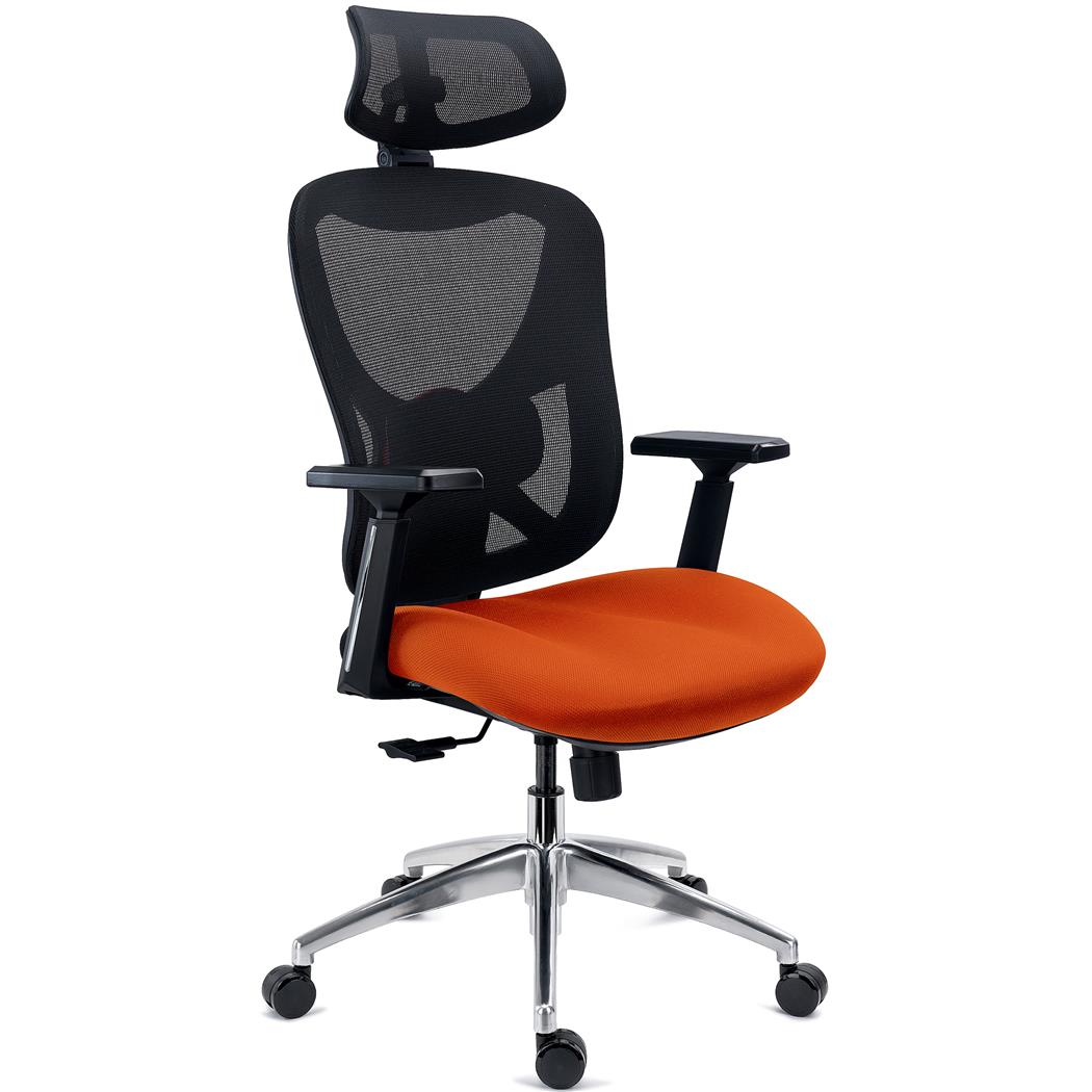 Sedia Ergonomica URUS, Schienale Regolabile in Altezza, Supporto Lombare, Base in Metallo, Arancione
