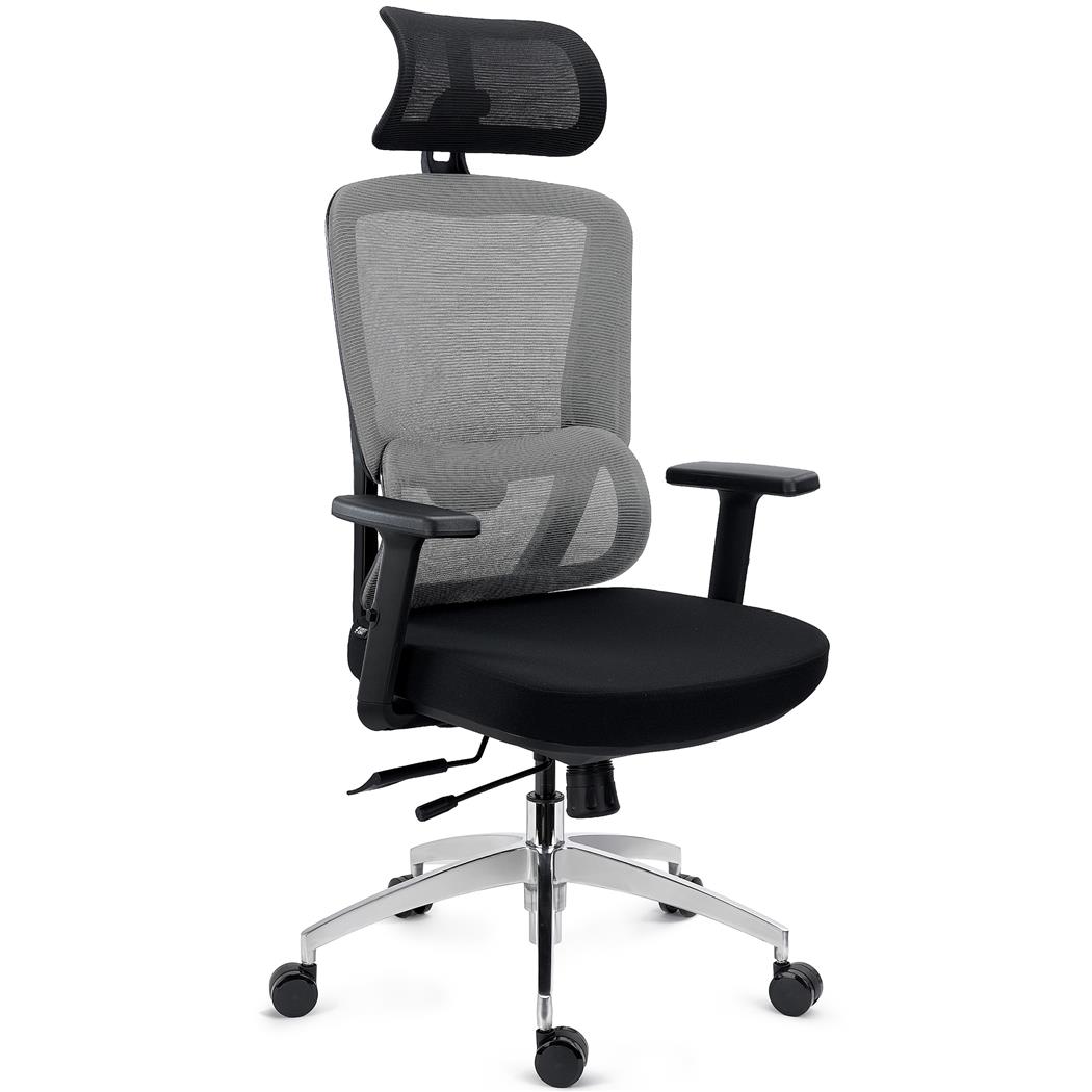 Sedia Ergonomica SUPRA MAX, Regolazioni Avanzate, Poggiatesta, Rete Traspirante e Tessuto, Grigio