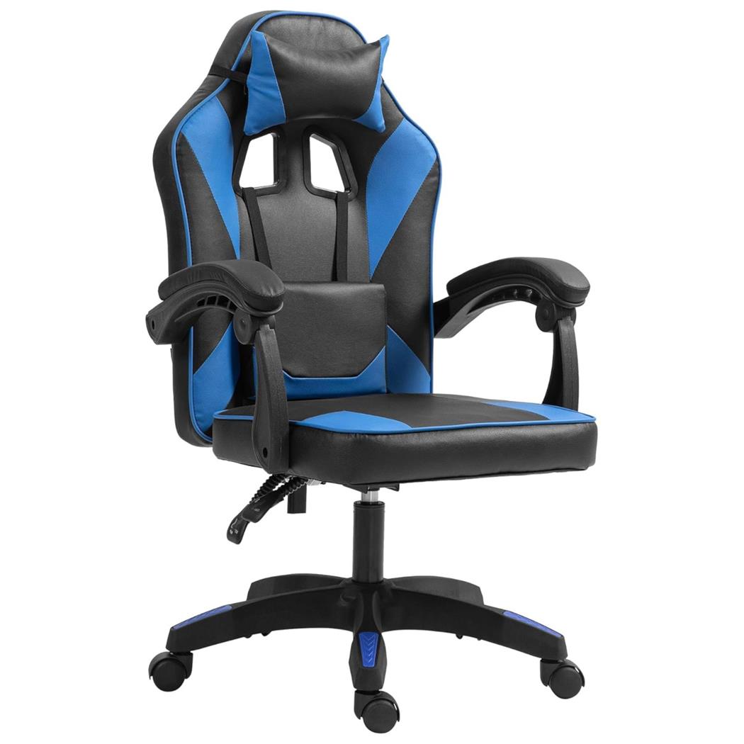 Sedia Gaming TESCO, Con Cuscini Lombare e Cervicale, in Pelle Nera e Blu