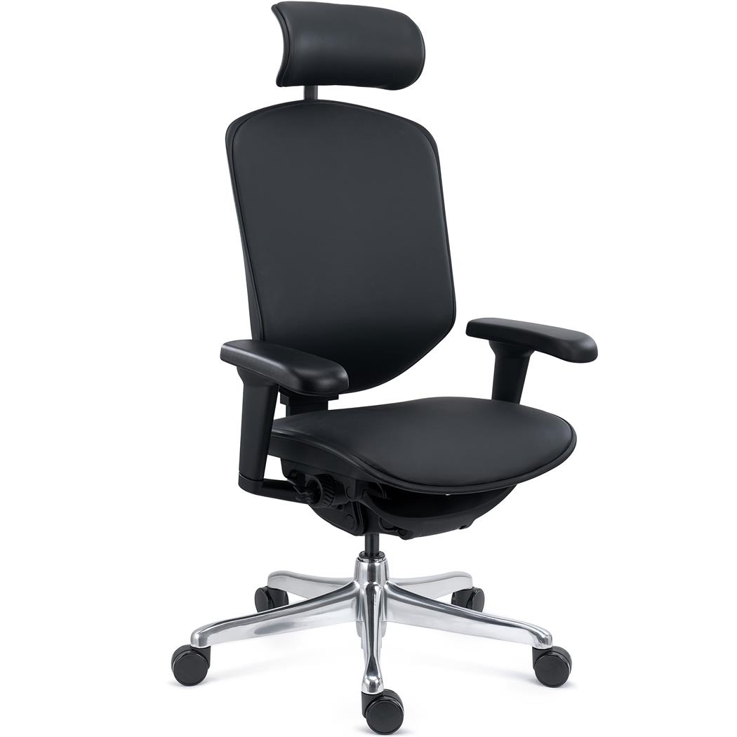 Sedia Ergonomica ENJOY, Design Esclusivo, Completamente Regolabile, in Vera Pelle Nera