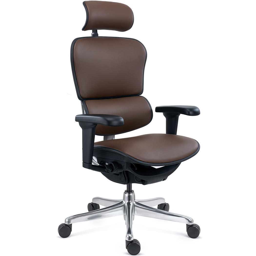 DEMO# Sedia Ergonomica ERGOULTRA, Completamente Regolabile, Ottima Qualità, in Vera Pelle Marrone