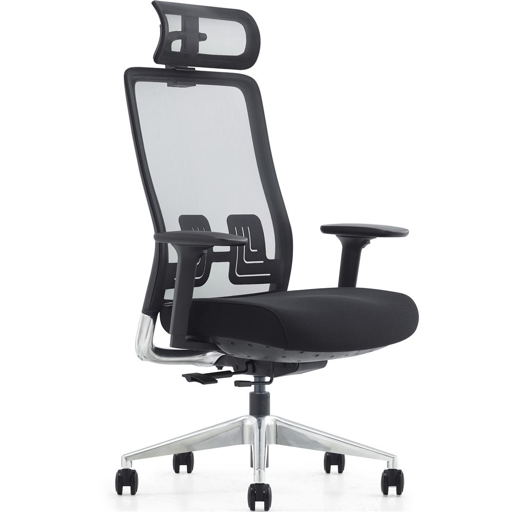 Sedia Ergonomica EVORA, Confortevole, Design Esclusivo, Poggiatesta, Dettagli in Alluminio, Rete, Nero