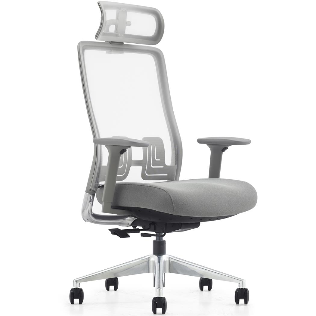 Sedia Ergonomica EVORA GREY, Confortevole, Design Esclusivo, Poggiatesta, Dettagli in Alluminio, Rete, Grigio