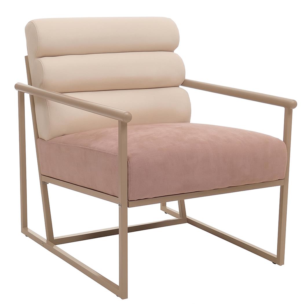 Poltroncina MILLS, Struttura in Acciaio, Super Imbottita, Tessuto Vellutato Bicolore, Beige e Rosa