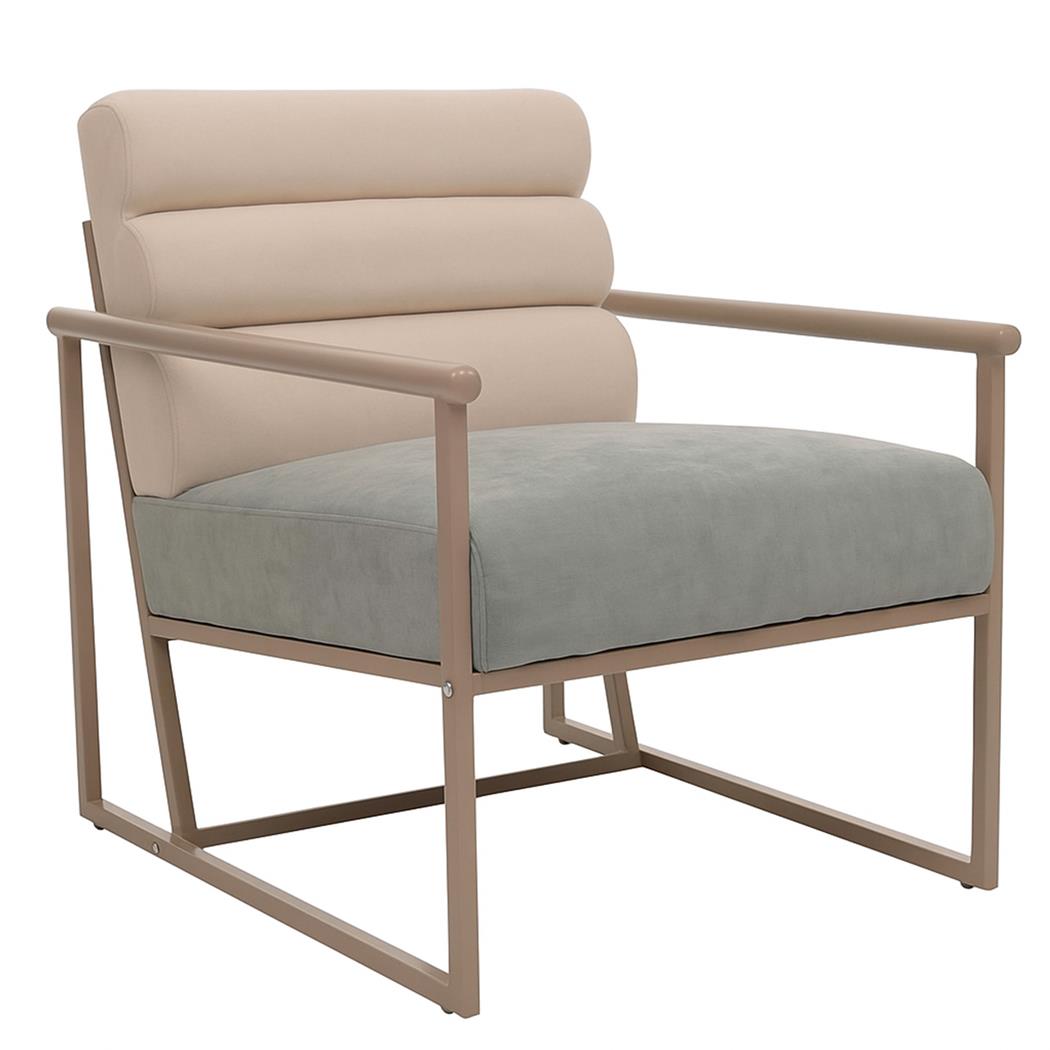 Poltroncina MILLS, Struttura in Acciaio, Super Imbottita, Tessuto Vellutato Bicolore, Beige e Grigio