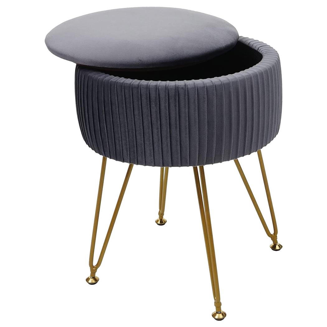 Sgabello MIKO, con Vano Portaoggetti, Versatile e Pratico, Struttura Oro, Tessuto Grigio