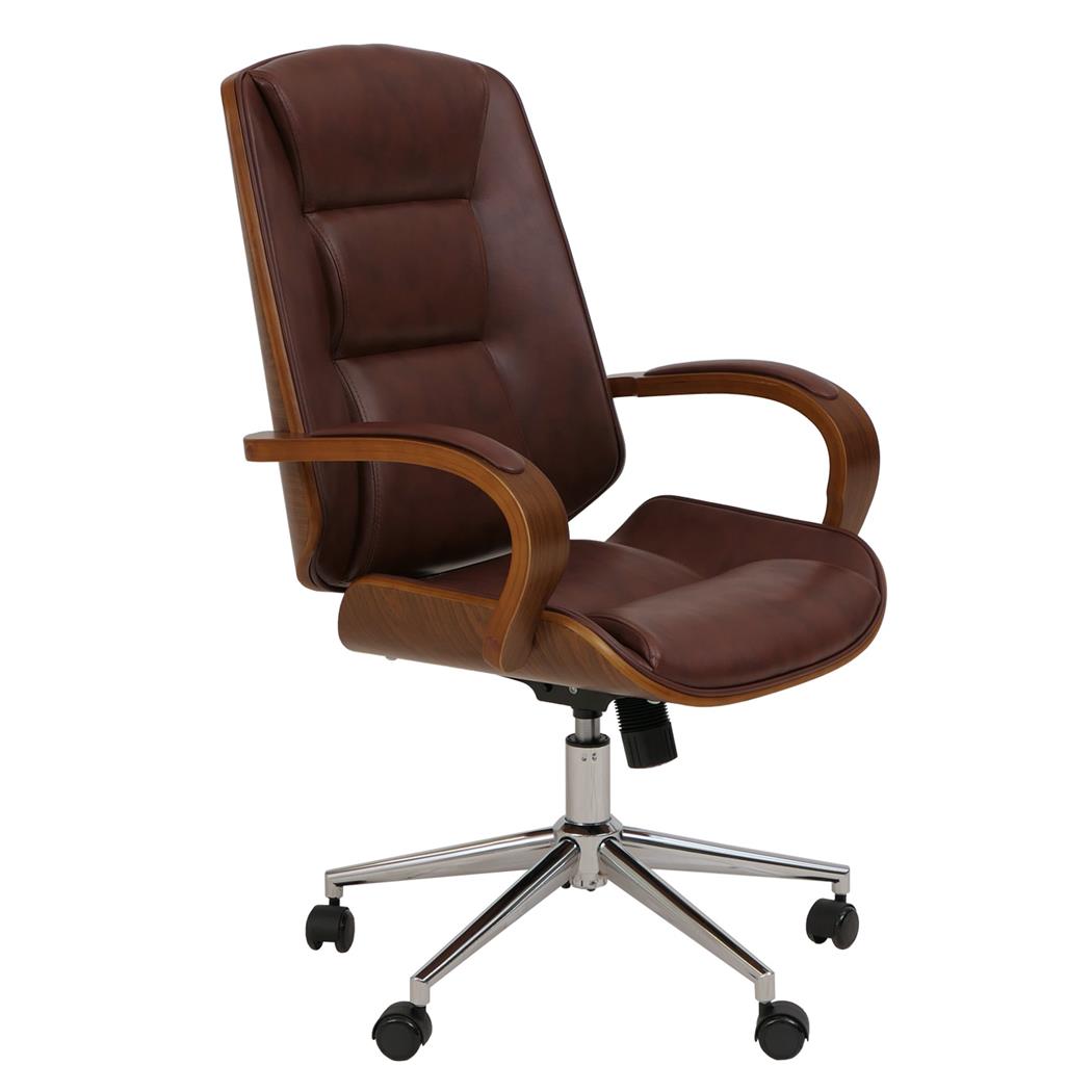 Sedia da ufficio CLARIN, Design Elegante, in Legno colore Noce e Pelle Marrone