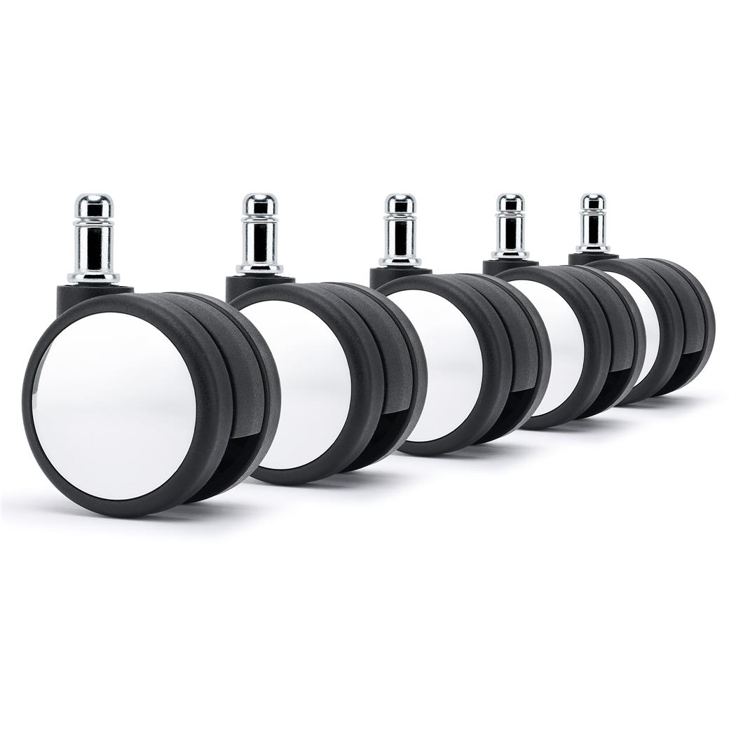 5x Ruote per Sedie da Ufficio H2, 11x50mm, Superfici Delicate, Nero e Cromo