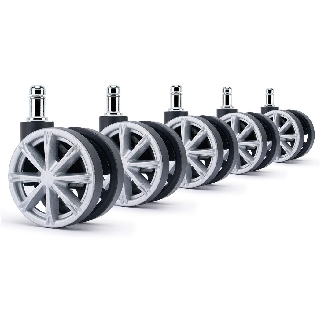 5x Ruote per Sedie da Ufficio H4, 11x50mm, Design a Raggiera, Nero e Grigio