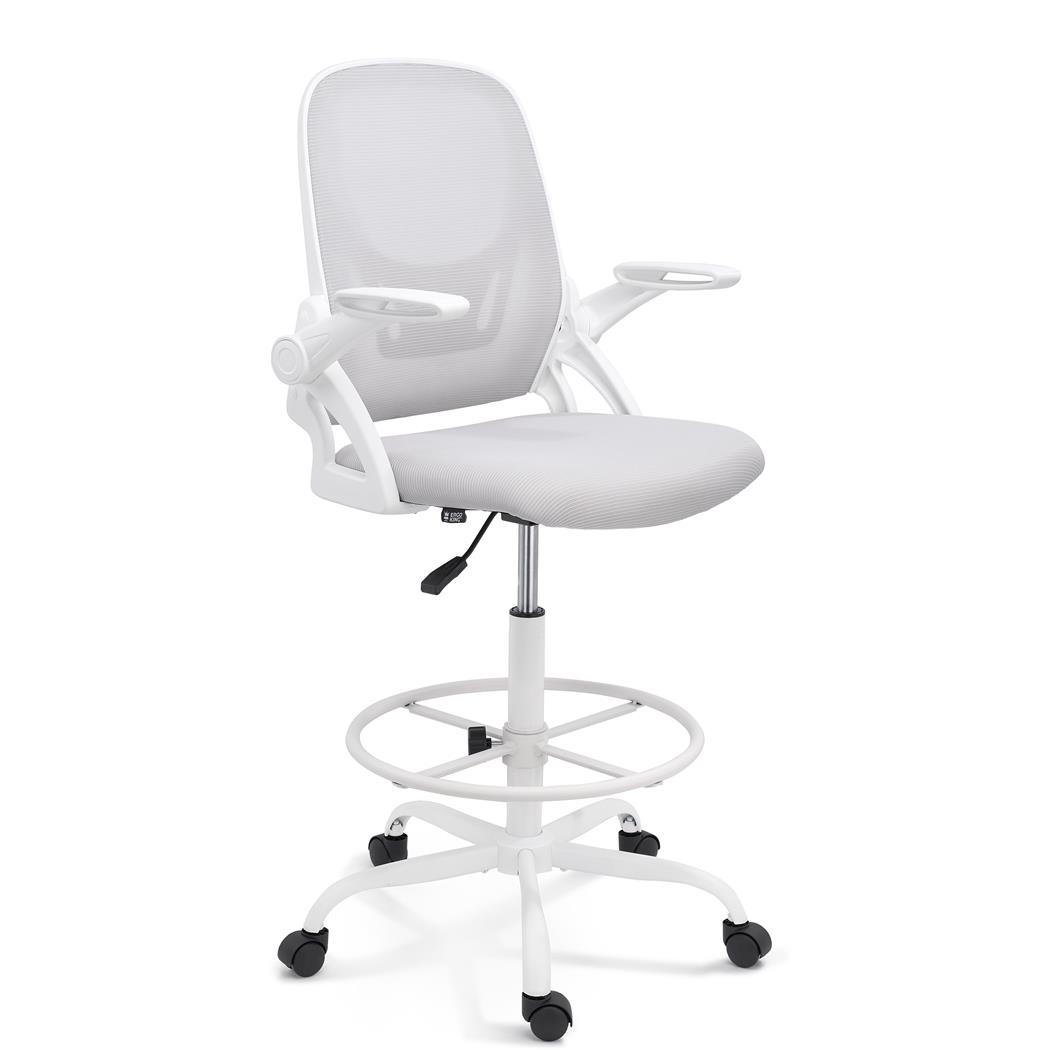 Sgabello da Lavoro GEAR, Braccioli Abbattibili, Poggiapiedi Regolabile, Struttura Bianca, Grigio