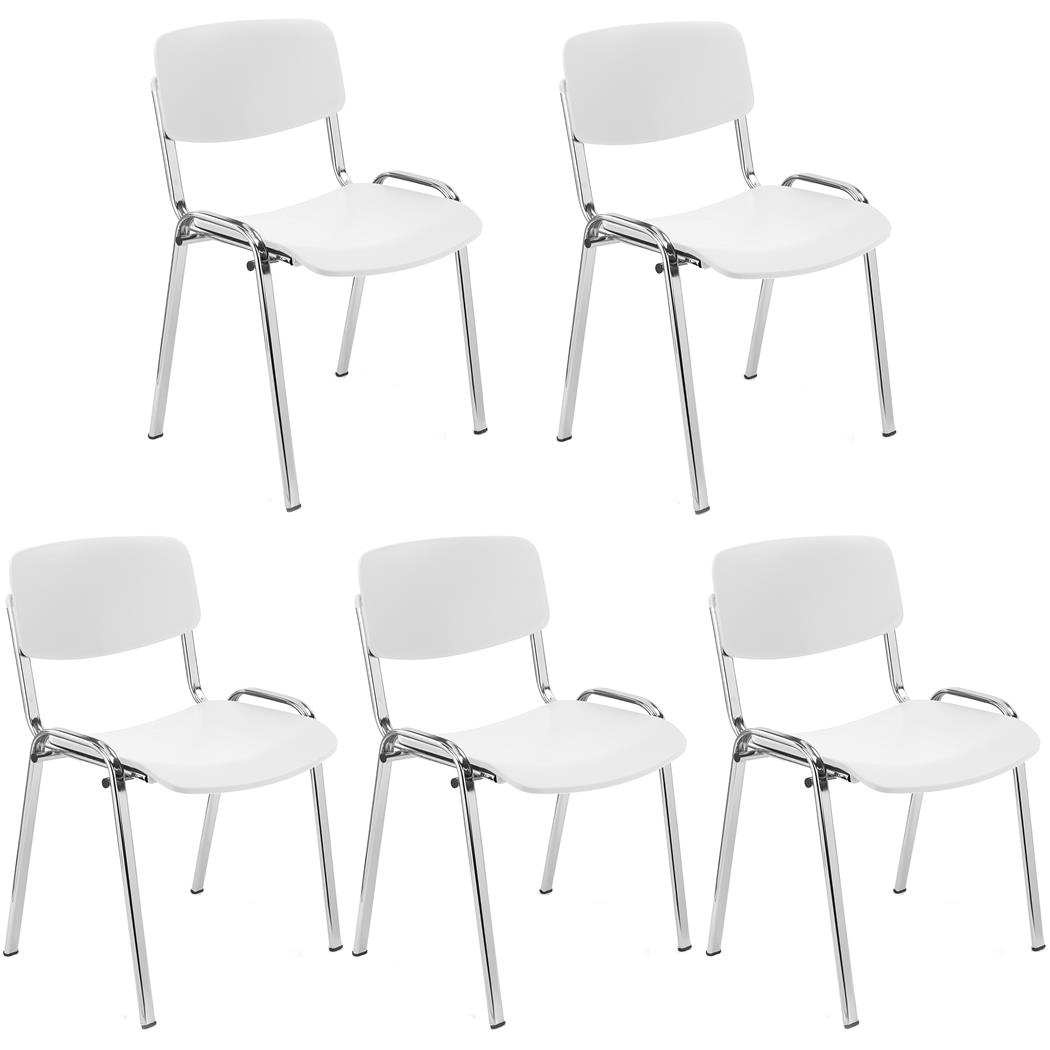 Lotto di 5 Sedie per Sala Attesa MILKA, Bella e Versatile, Impilabile, Colore Bianco e Gambe Cromate