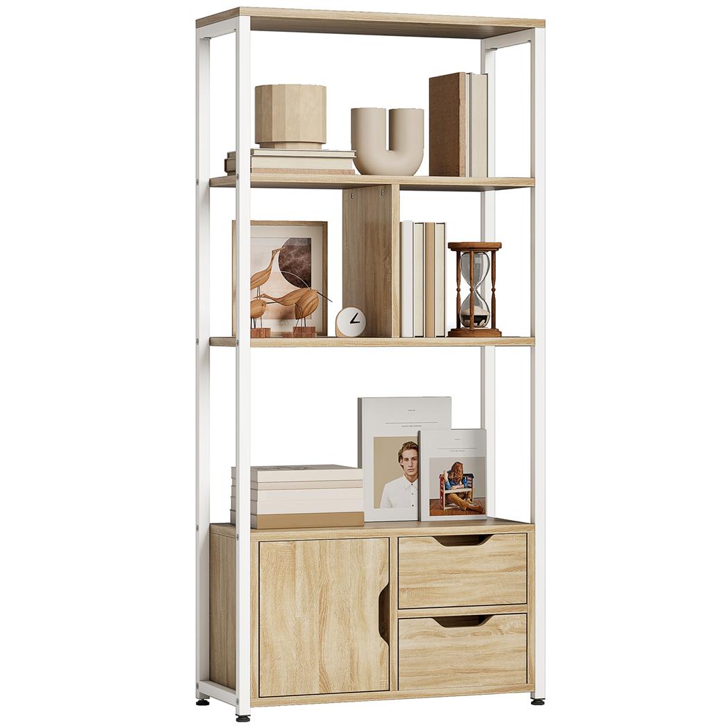 Libreria TERAX, 3 Ripiani, Armadietto e 2 Cassetti, 58x24x122cm, in Acciaio e Legno Colore Rovere