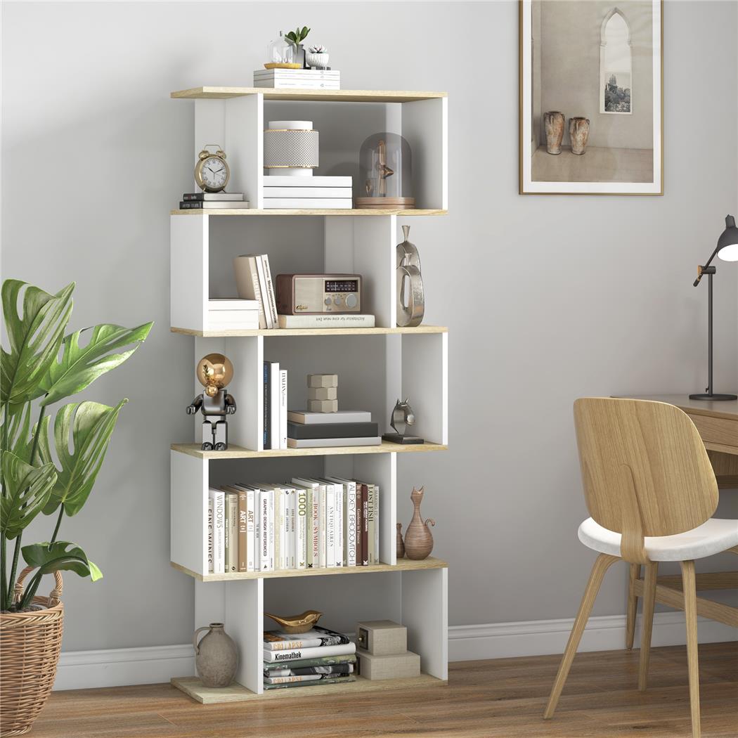 Libreria BLIN, Stile Nordico, 70x29,5x163cm, in Legno Colore Bianco e Rovere