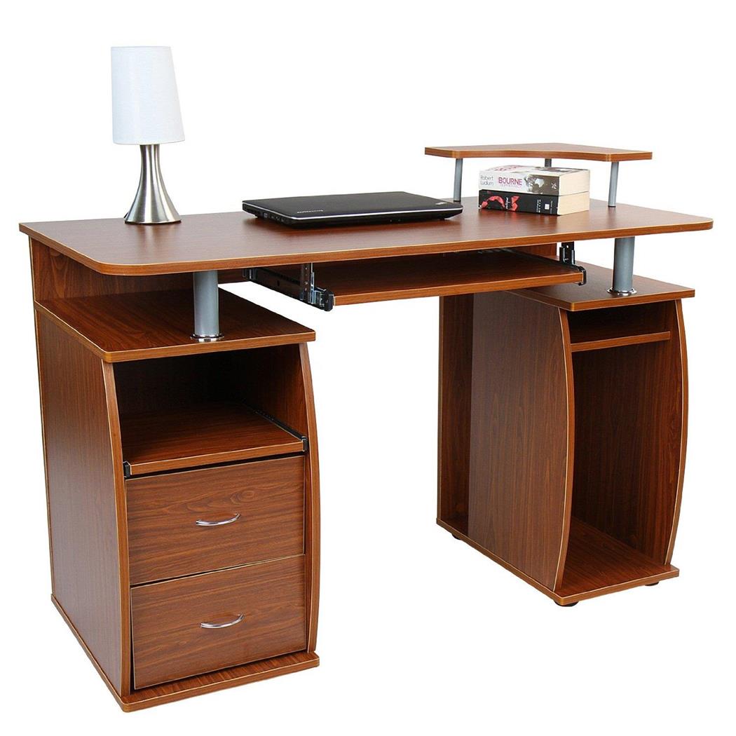 Scrivania per computer MAKALU, Supporto per PC, Ripiano tastiera, cm 115x85x55, in Legno color Noce