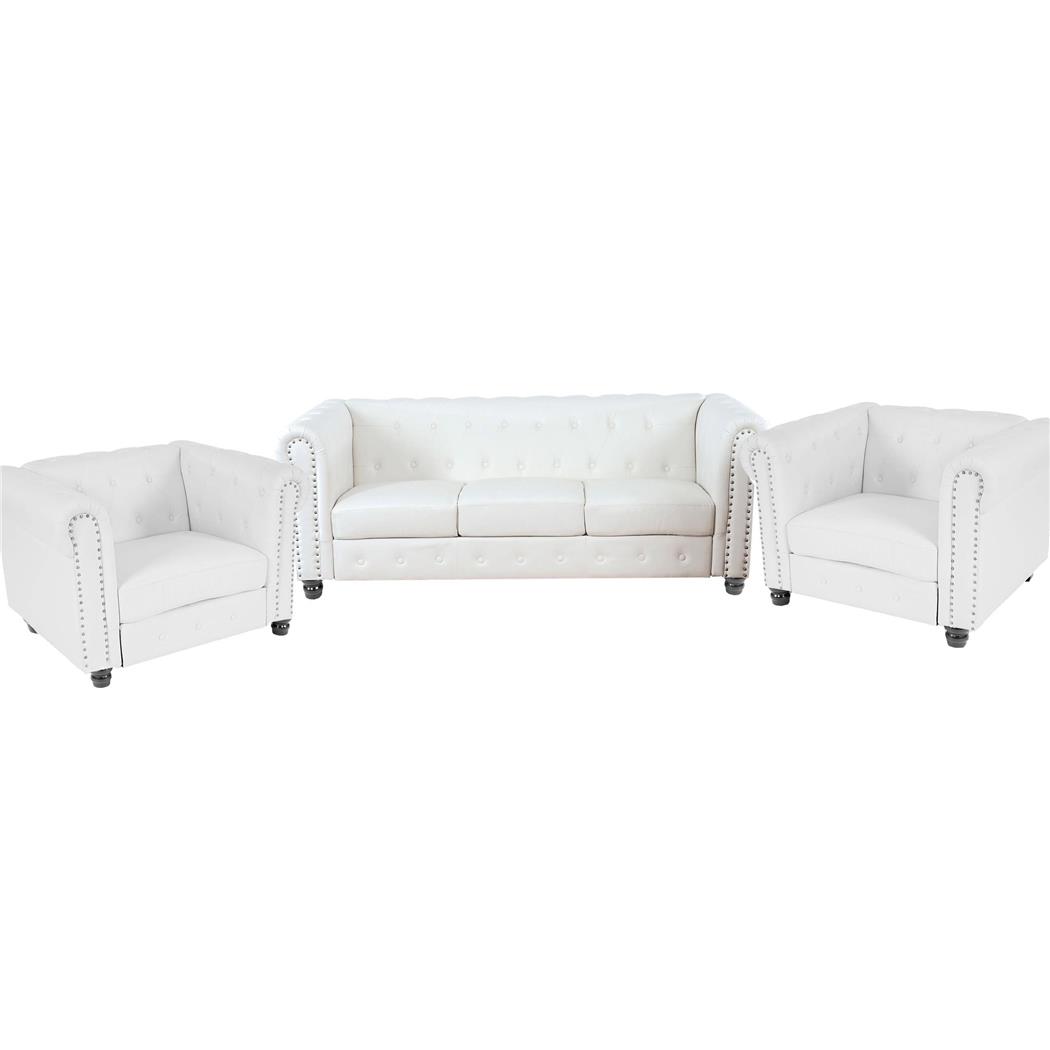 Set divani 3+1+1 modello CHESTER, Design Classico, in Pelle, Gambe Tornite, colore Bianco