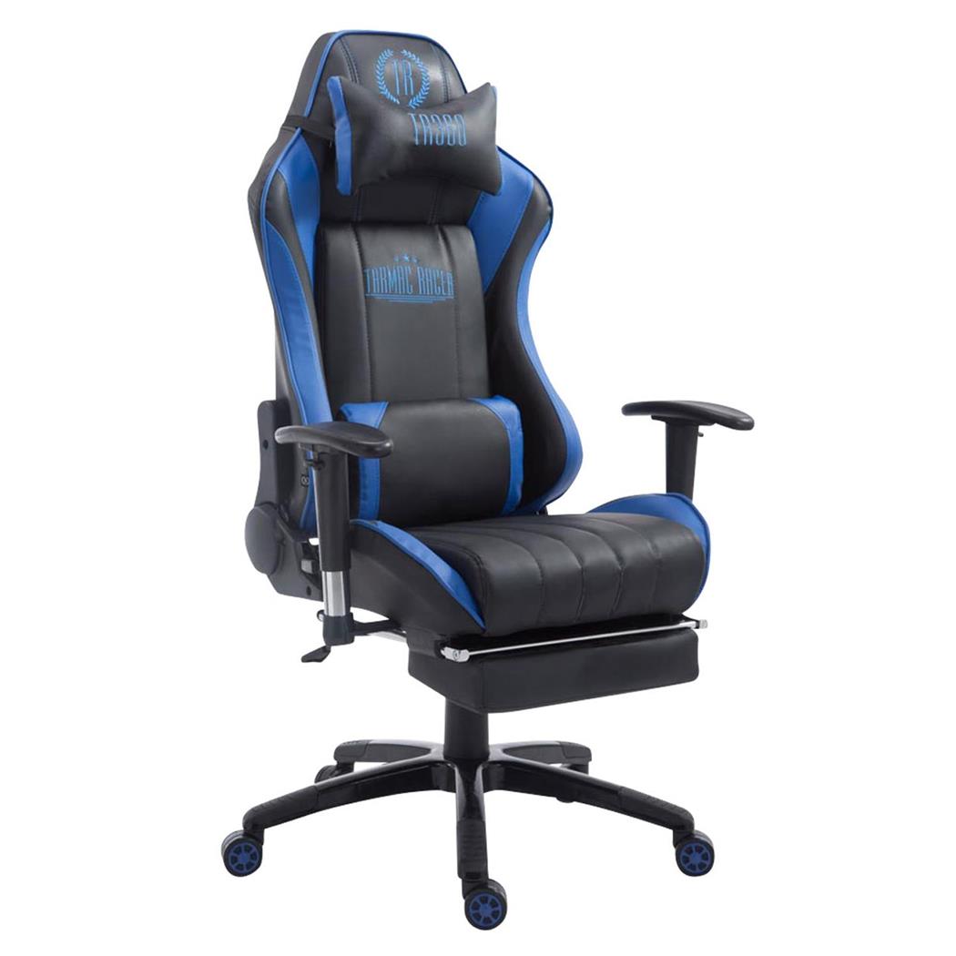 Sedia Gaming TURBO, con Cuscino Lombare e Cervicale, in Pelle Nera e Blu