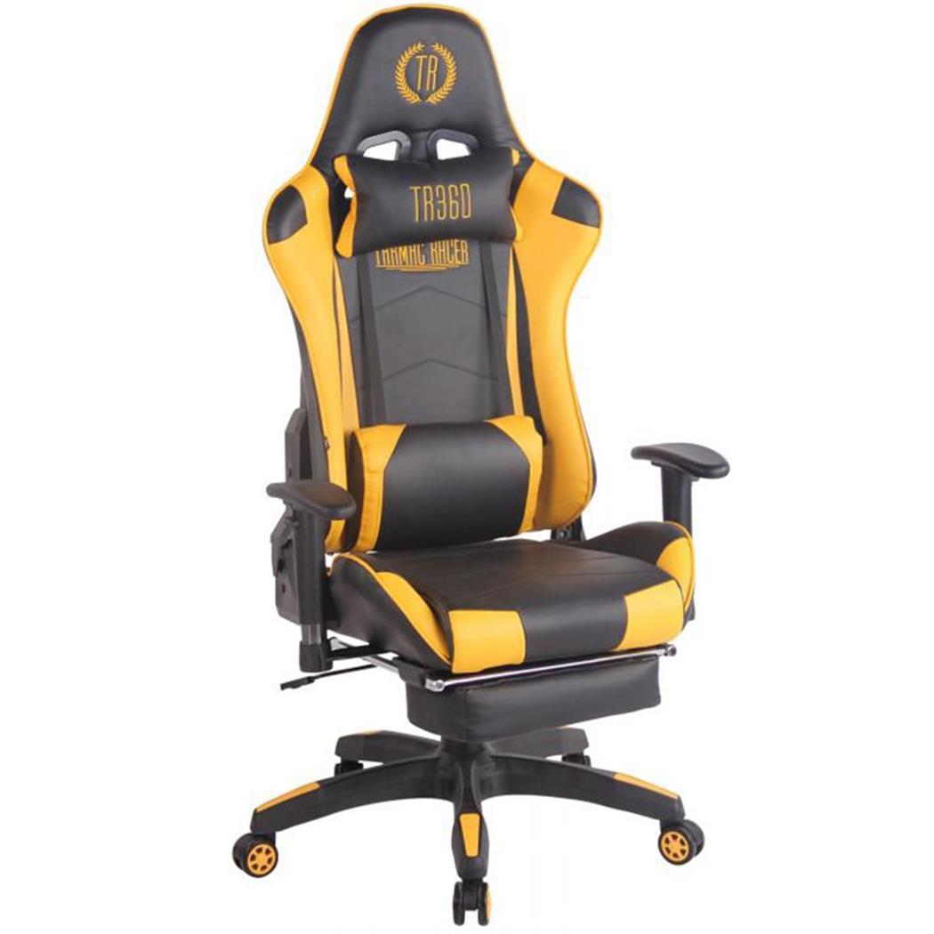 Sedia Gaming TURBO con Poggiapiedi, Cuscino Lombare e Cervicale, in Pelle, Nero/Giallo