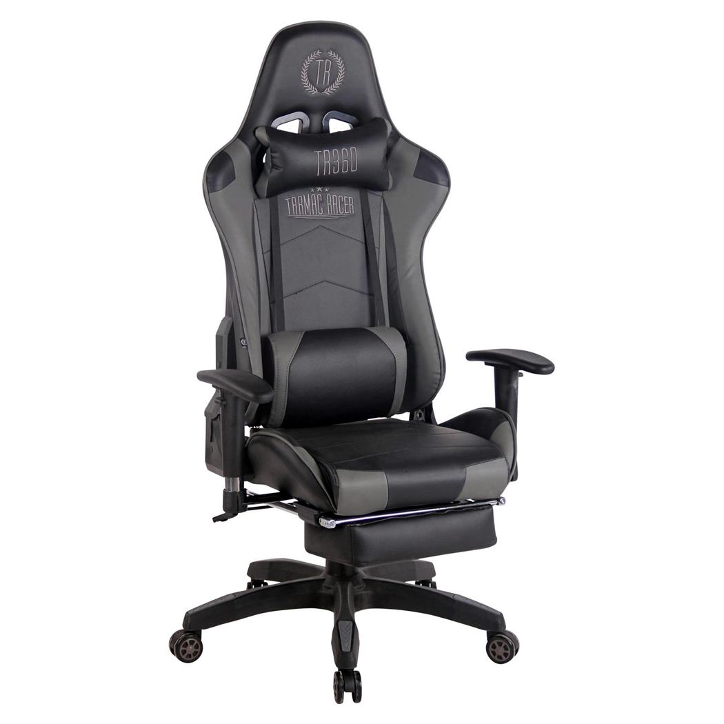 Sedia Gaming TURBO con Poggiapiedi, Cuscino Lombare e Cervicale, in Pelle, Nero/Grigio