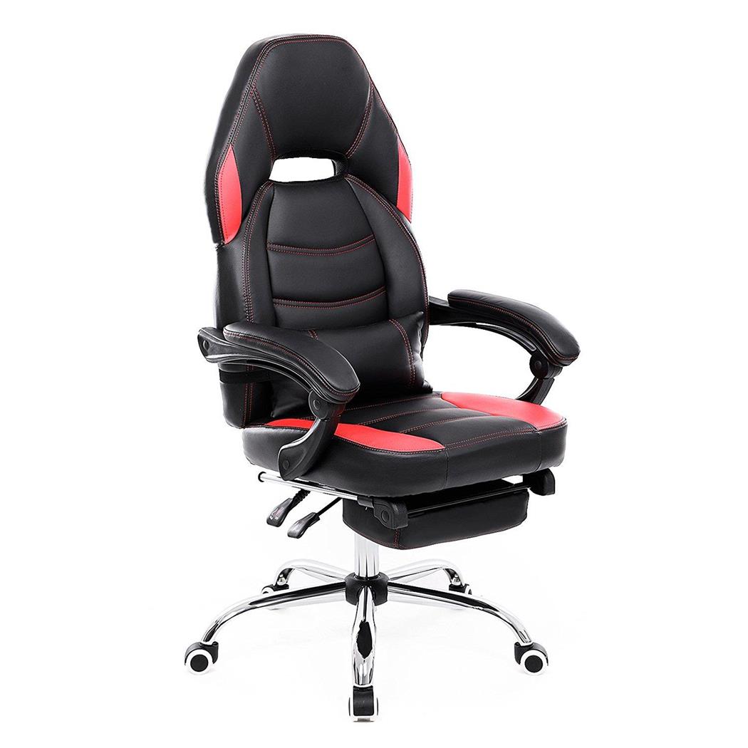 Sedia Gaming MORGAN, Esclusivo Design Sportivo, con Poggiapiedi, in Pelle Nero/Rosso