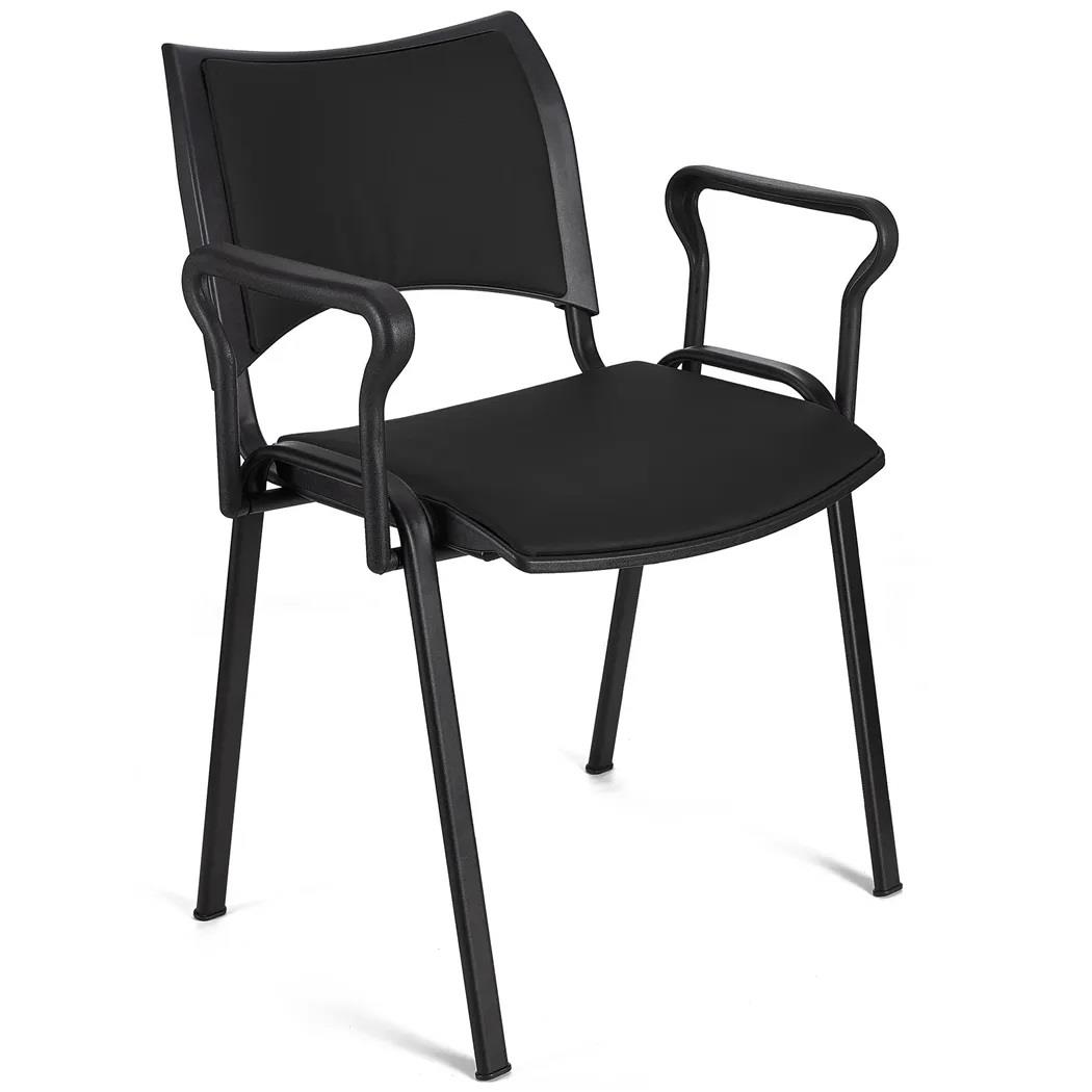 Sedia da Attesa ROMMEL CON BRACCIOLI, Comoda Imbottitura, Impilabile, in Tessuto Nero e Gambe Nere