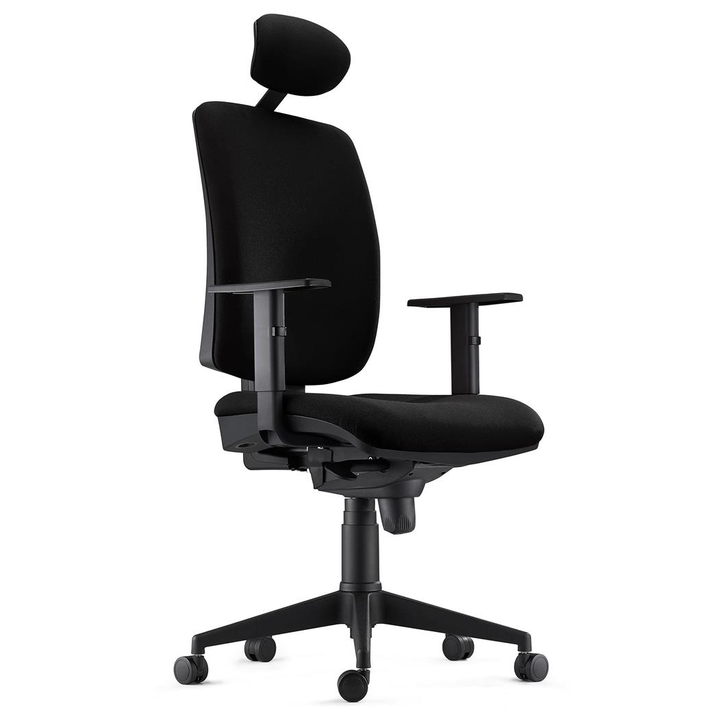 Sedia Ergonomica PIERO, in Tessuto color Nero, con Poggiatesta e Braccioli Regolabili